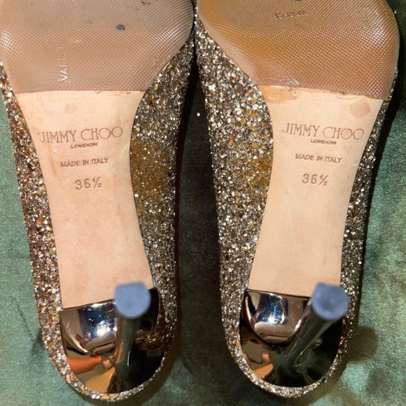 Jimmy Choo-Champagne Coarse Glitter Fabric Pointy Toe Pumps “Romy 85” - Picture 4 of 5